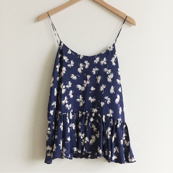 CLUB MONACO BENICIA CAMISOLE TANK TOP BLOUSE NAVY FLORAL RUFFLE PEPLUM SILK XS - Picture 2 of 7